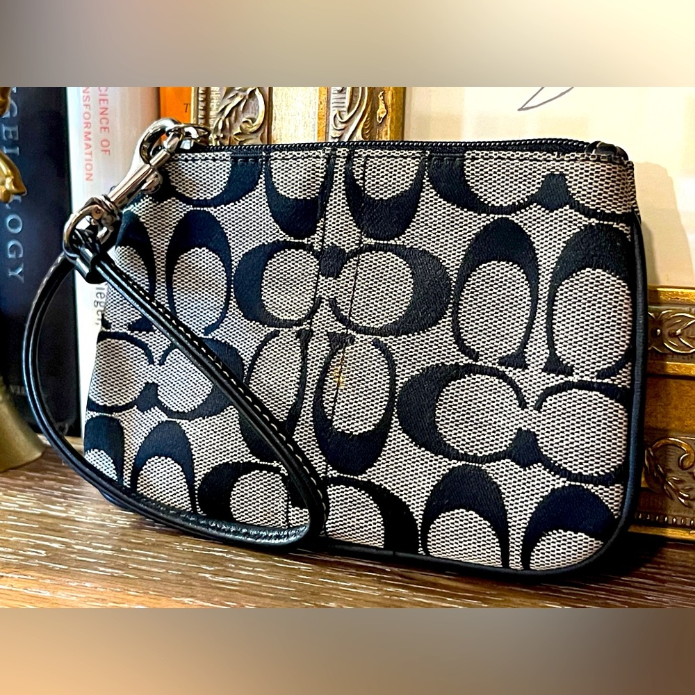 COACH Signature Logo Black and Gray Mini Wristlet Approx. 6”x4” EUC